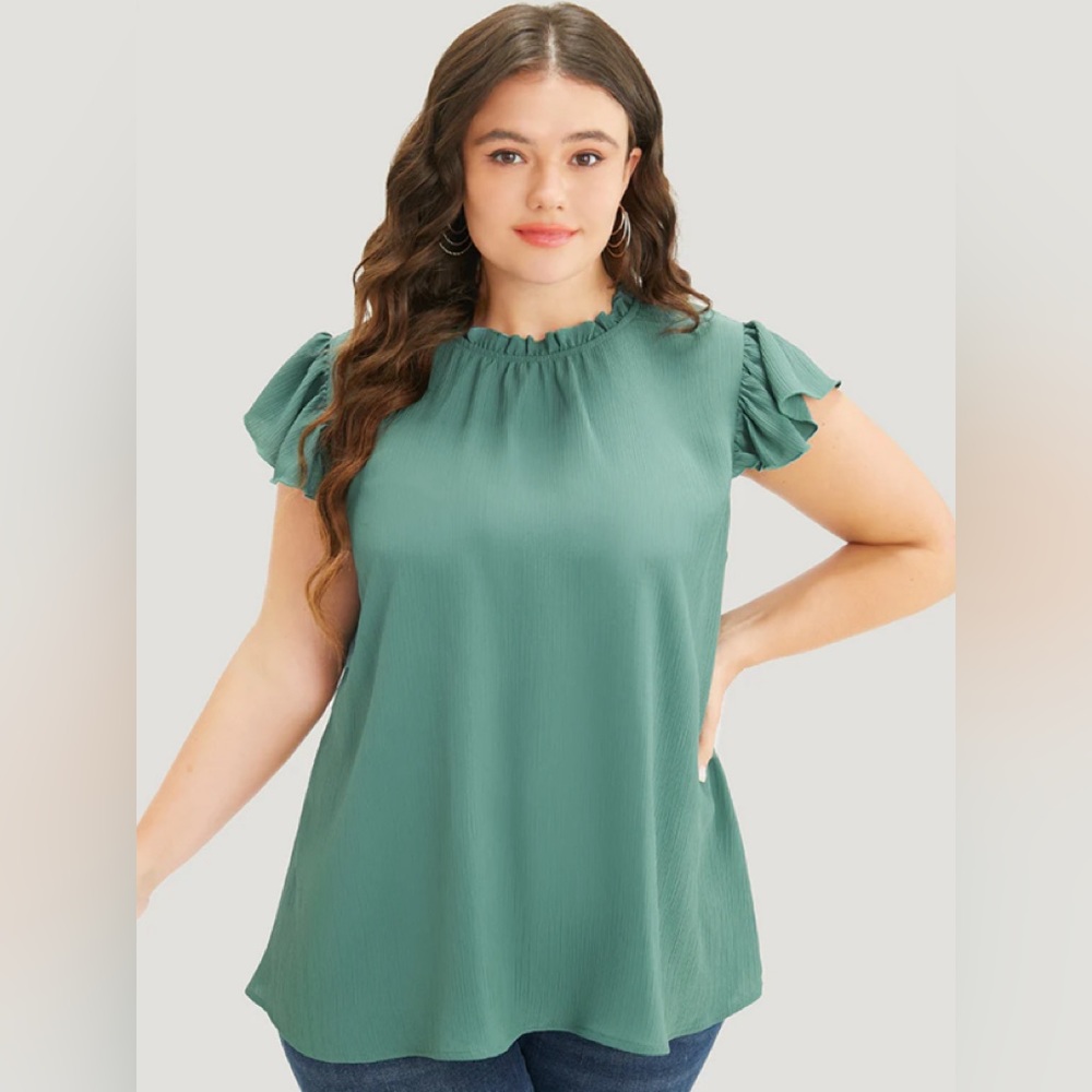 🆕 Bloomchic Plain Mock Neck Cap Sleeve Ruffle Trim Blouse, Size 1x - 14-16